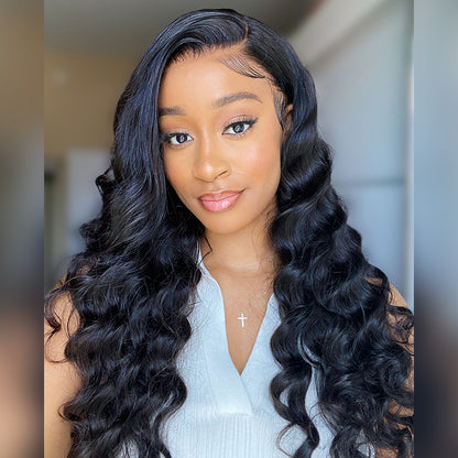 Loose Wave Natural Black 360 Lace Frontal Human Hair Wig Free Part