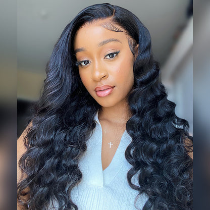 Loose Wave Natural Black 360 Lace Frontal Human Hair Wig Free Part