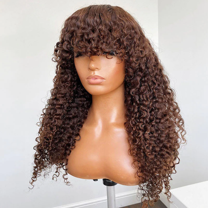 Dark Brown Colored Afro Kinky Curly Full Machine Made With Bangs Human Hair Wigs