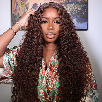 Glueless 13x4 Chestnut Dark Brown Lace Front Deep Wave Glueless Wig Pre Plucked Human Hair Wigs