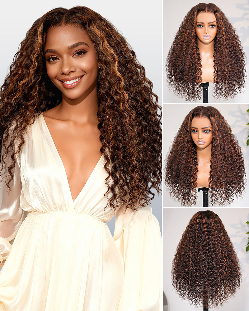 Dark Brown With Highlights Water Wave Wig