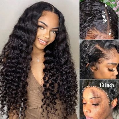Deep Wave Natural Black Glueless 6x5 Pre-cut Lace Human Hair Wigs