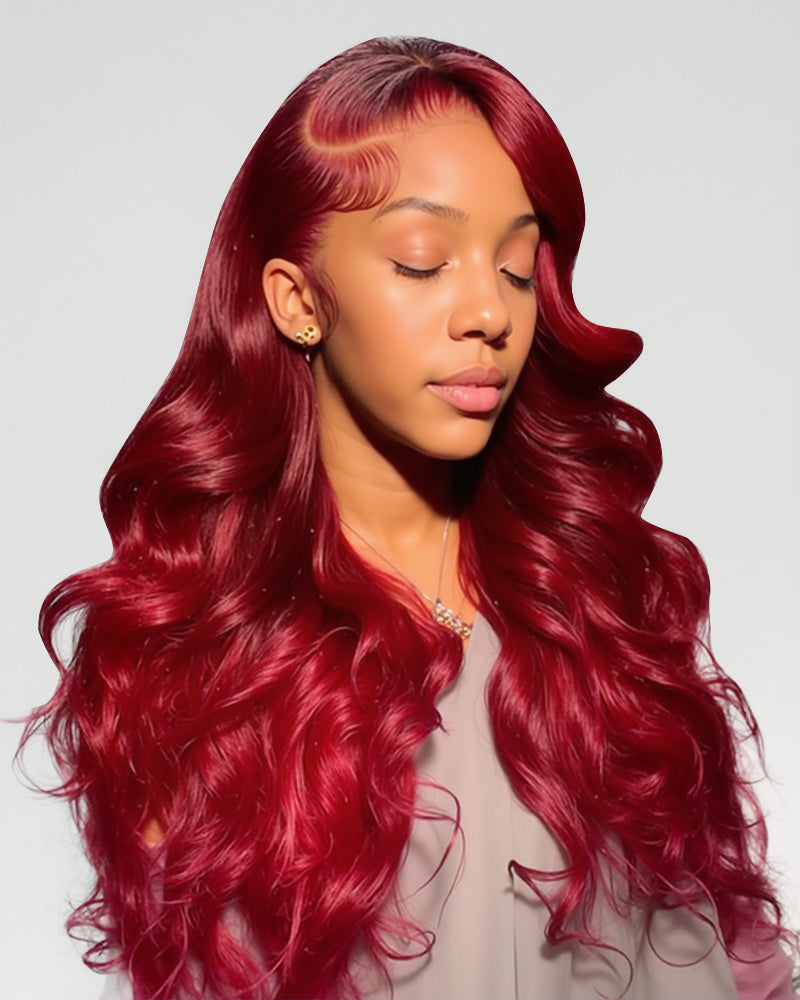 Pure-Luxe™ Red Burgundy Highlight Colored Body Wave Easy Wear Glueless 13x6 Ultra-Dense Human Hair Wig Pre-Cut Lace