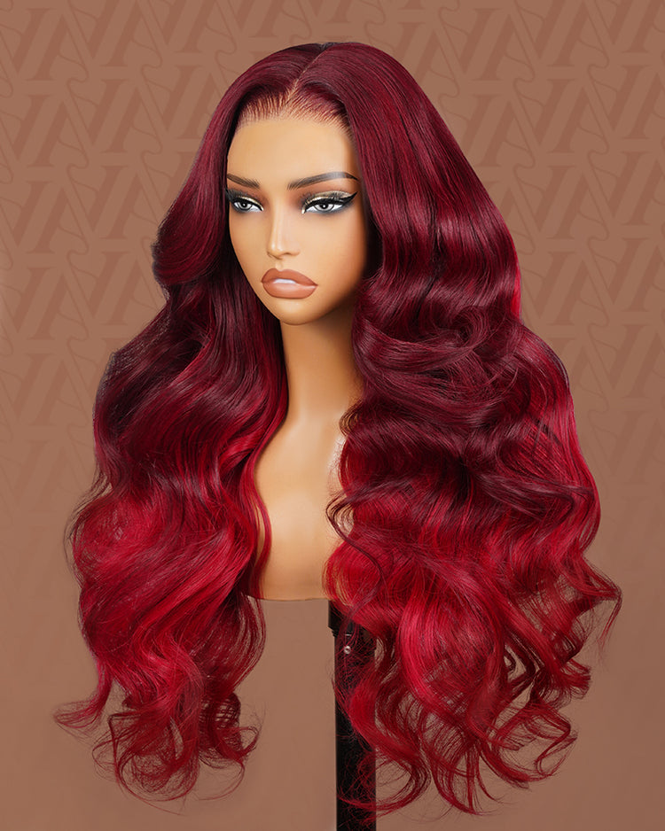 Arabella 13x6 Three-Go™ Cherry Red Ombre 99J39J 230% Density Glueless Wig Loose Body Wave With Drawstring 100% Human Hair Wig