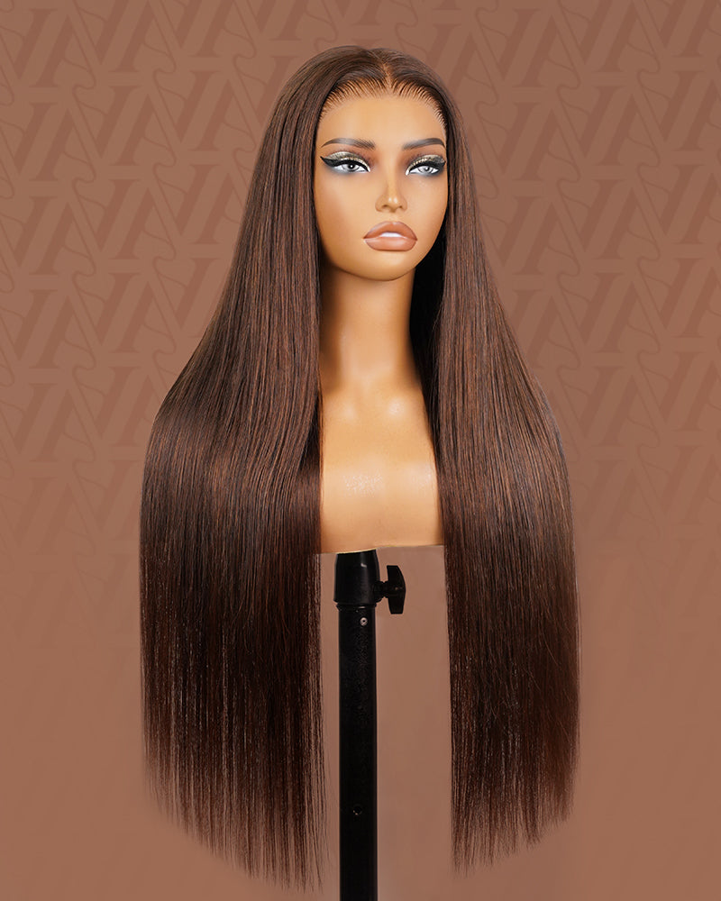 Pure-Luxe™ Silky Straight Natural Black/Brown Colored Pre-Cut Glueless 13x6 Lace 200%/250% Ultra-Dense Human Hair Wig