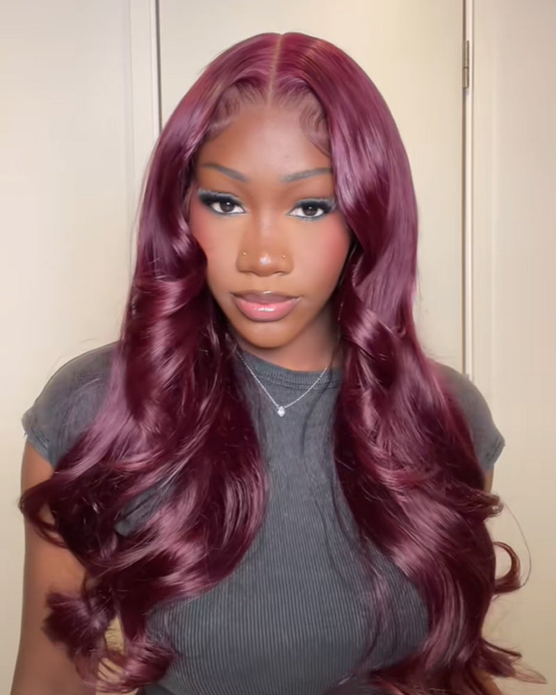 Pure-Luxe™ Plum Colored Easy Wear Glueless 13x6 Ultra-Dense Human Hair Wig Pre-Cut Lace