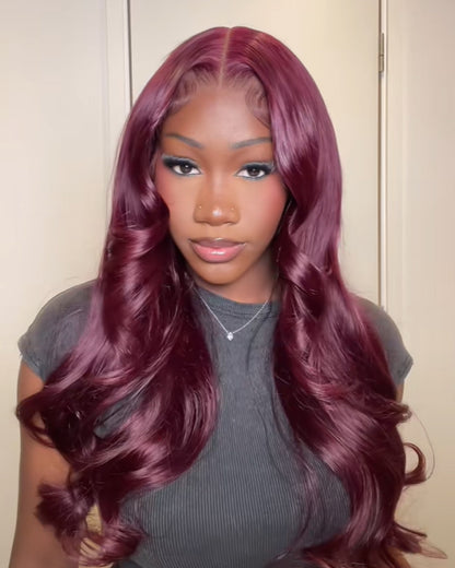 Pure-Luxe™ Plum Colored Easy Wear Glueless 13x6 Ultra-Dense Human Hair Wig Pre-Cut Lace