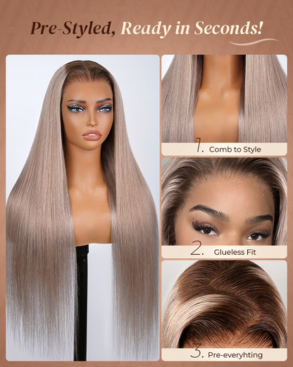 Pure-Luxe™ Ash Blonde with Dark Roots Ombre Colored Straight Pre-Cut 13x6 Lace 250% Ultra-Dense Glueless Human Hair Wig