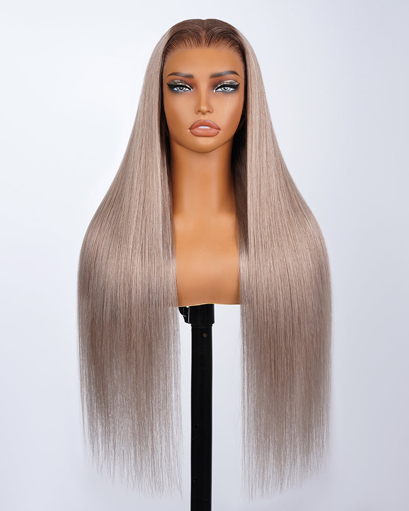 Pure-Luxe™ Ash Blonde with Dark Roots Ombre Colored Straight Pre-Cut 13x6 Lace 250% Ultra-Dense Glueless Human Hair Wig