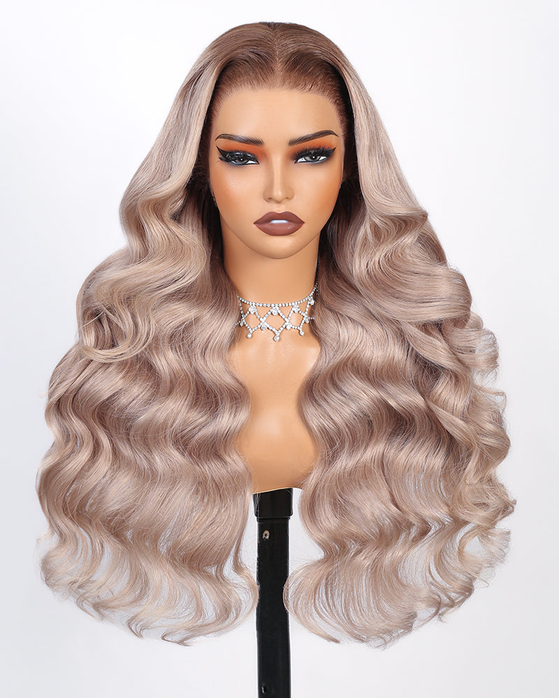 Pure-Luxe™ Ash Blonde with Dark Roots Ombre Colored Blowout In Wavy Pre-Cut 13x6 Lace Ultra-Dense Glueless Human Hair Wig
