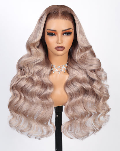 Pure-Luxe™ Ash Blonde with Dark Roots Ombre Colored Blowout In Wavy Pre-Cut 13x6 Lace Ultra-Dense Glueless Human Hair Wig