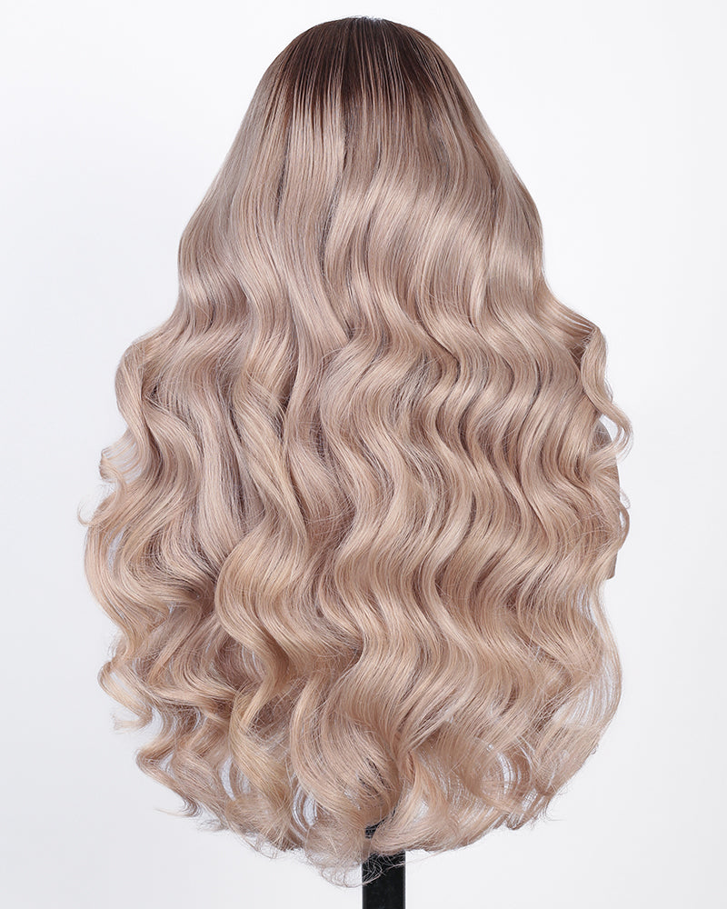Pure-Luxe™ Ash Blonde with Dark Roots Ombre Colored Blowout In Wavy Pre-Cut 13x6 Lace Ultra-Dense Glueless Human Hair Wig