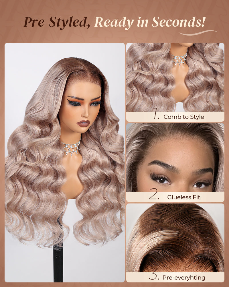 Pure-Luxe™ Ash Blonde with Dark Roots Ombre Colored Blowout In Wavy Pre-Cut 13x6 Lace Ultra-Dense Glueless Human Hair Wig