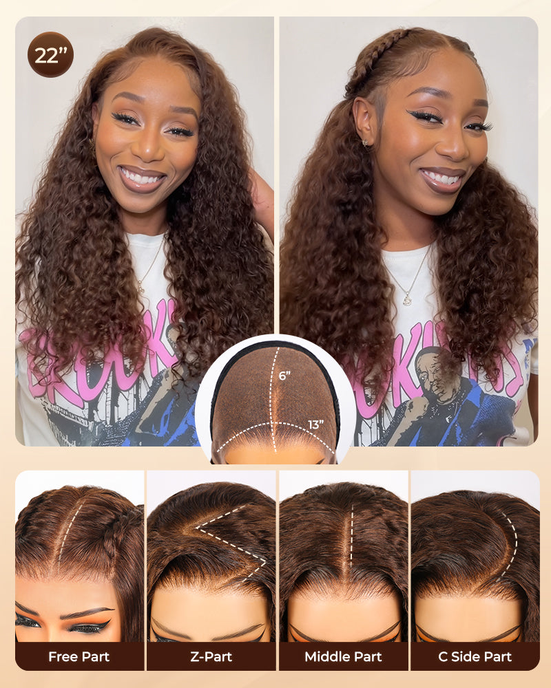 Arabella 13x6 Three-Go™ Glueless Wig Dark Brown With Highlights Water Wave With Drawstring For Beginner