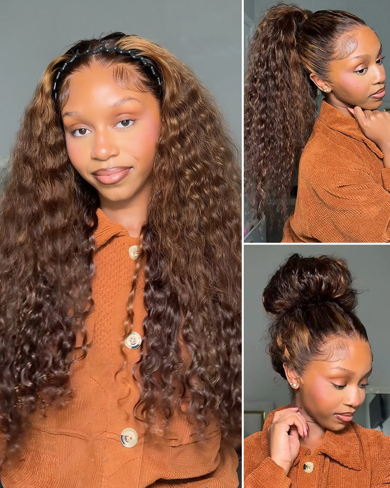 Arabella 13x6 Three-Go™ Glueless Wig Dark Brown With Highlights Water Wave With Drawstring For Beginner