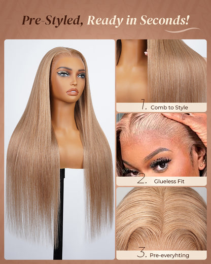 Pure-Luxe™ Ash Honey Blonde Colored Straight Pre-Cut 13x6 Lace 250% Ultra-Dense Glueless Human Hair Wig