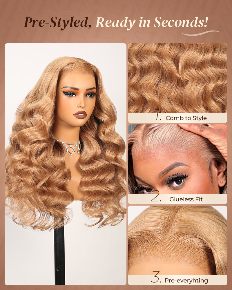 Pure-Luxe™ Ash Honey Blonde Colored Blowout In Wavy Pre-Cut 13x6 Lace Ultra-Dense Glueless Human Hair Wig
