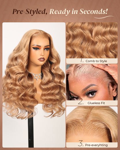 Pure-Luxe™ Ash Honey Blonde Colored Blowout In Wavy Pre-Cut 13x6 Lace Ultra-Dense Glueless Human Hair Wig