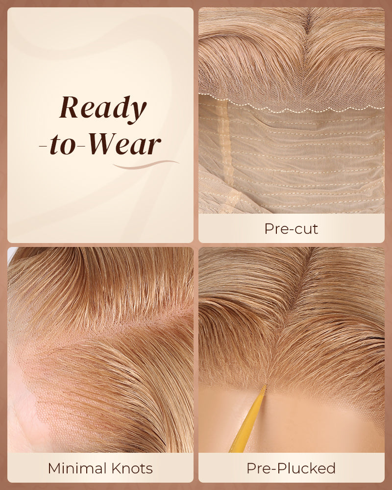 Pure-Luxe™ Ash Honey Blonde Colored Blowout In Wavy Pre-Cut 13x6 Lace Ultra-Dense Glueless Human Hair Wig