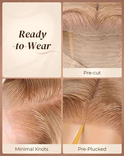 Pure-Luxe™ Ash Honey Blonde Colored Blowout In Wavy Pre-Cut 13x6 Lace Ultra-Dense Glueless Human Hair Wig
