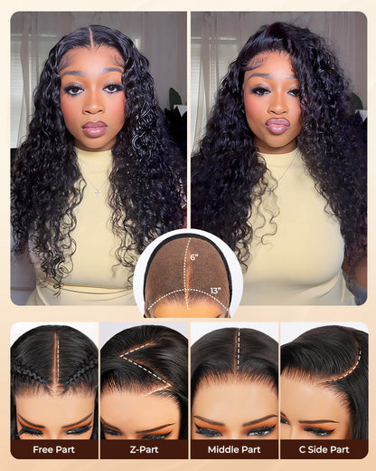 Arabella 13x6 Three-Go™ Glueless Wig Water Wave With Drawstring Natural Black 100% Human Hair Wig