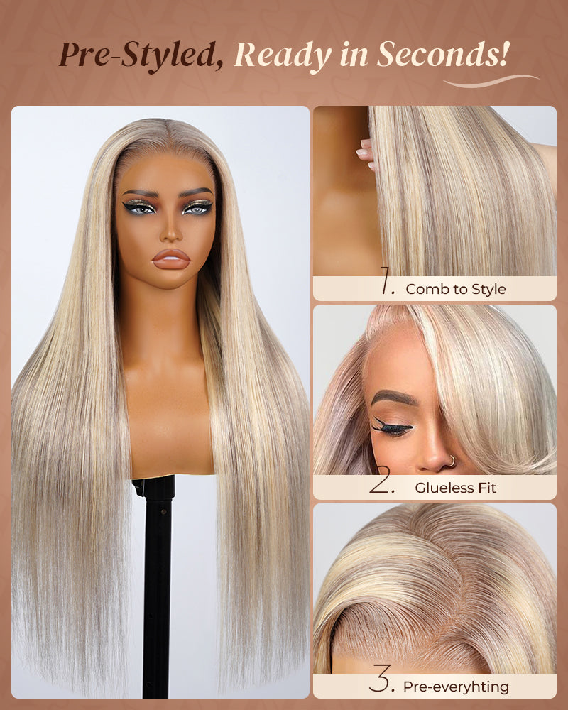 Pure-Luxe™ Blonde Highlights Light Color P10/613 Straight Pre-Cut 13x6 Lace 250% Ultra-Dense Glueless Human Hair Wig