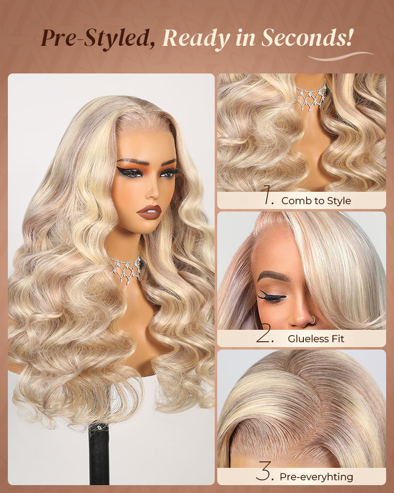 Pure-Luxe™ Blonde Highlights Light Color P10/613 Blowout In Wavy Pre-Cut 13x6 Lace Ultra-Dense Glueless Human Hair Wig