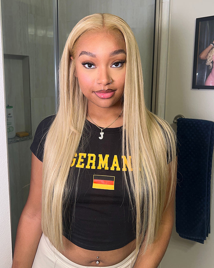 Arabella 6x5 Invisible Knots &amp; 13x4 Frontal Lace Blonde Khaki Highlight Straight Wig Invisible Knots Realistic Hairline