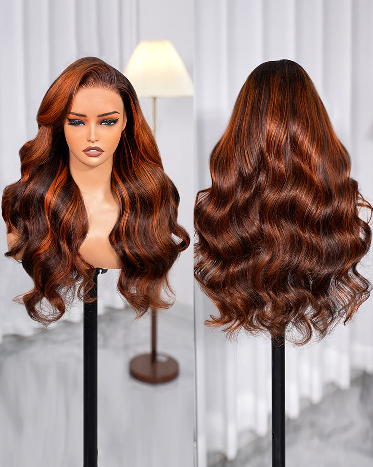 Arabella 13x6 Three-Go™ Auburn Highlights Brown Hair Glueless Wig Loose Body Wave With Drawstring