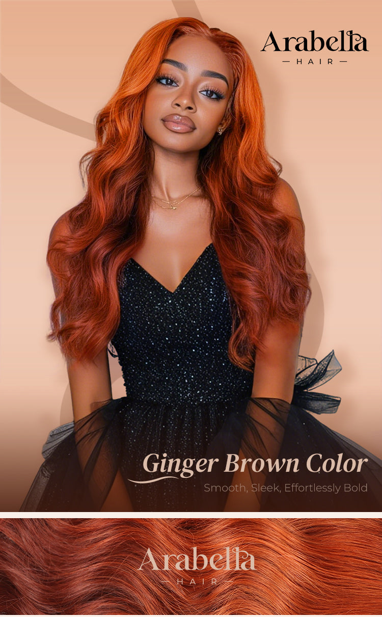 Poster Showing Ginger Brown Loose Body Wig on a Model