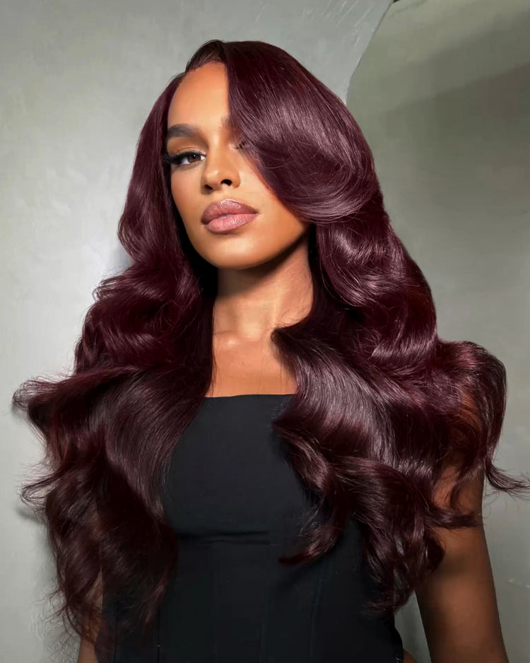 【$299 = 2 WIGS】Arabella 13x6 Three-Go™ Dark Plum Glueless Wig Body Wave With Drawstring 100% Human Hair Wig