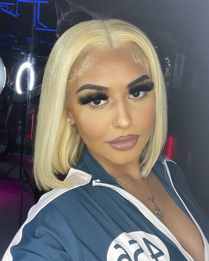 Arabella 6x5 Invisible Knots Glueless &amp; 13x4 Frontal Lace Straight Bob Wig Pre-cut Lace 613 Blonde Beginner Friendly