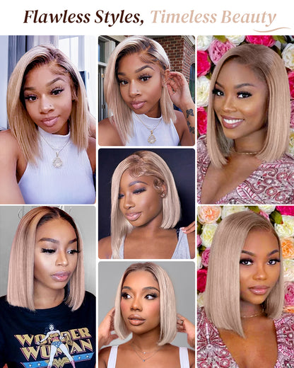 Arabella 6x5 invisible knots Glueless Ash Blonde Ombre Straight Bob Wig Pre-cut Lace Beginner Friendly
