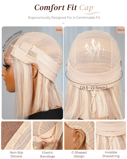 Arabella 6x5 Invisible Knots Glueless Blonde Highlight Straight Bob Wig Pre-cut Lace Beginner Friendly