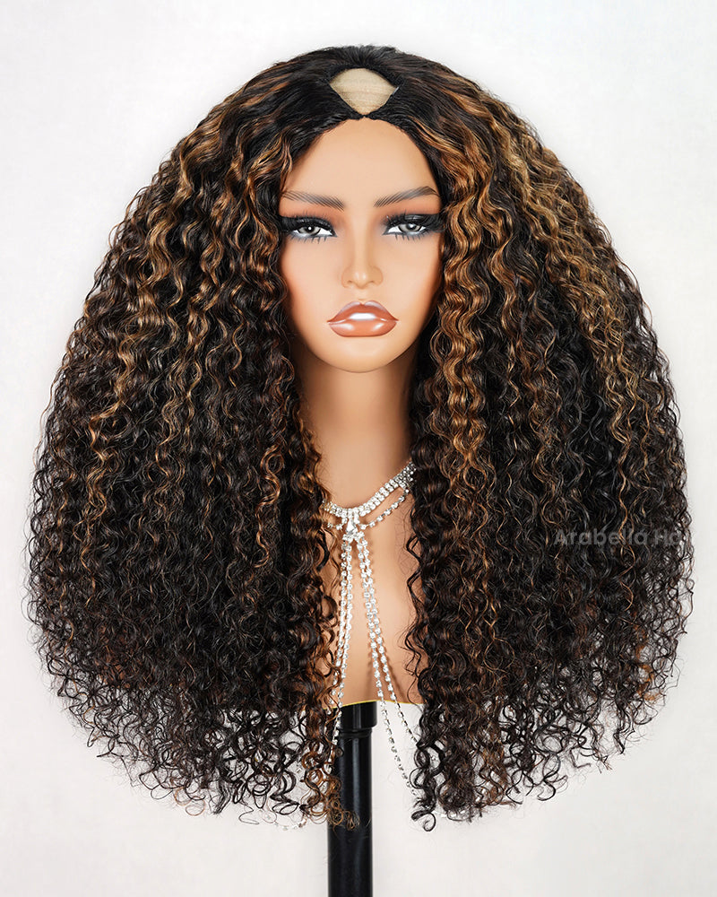 Highlight Colored Deep Curly Upgraded V Part Cap No Glue Needed Human Hair Wigs