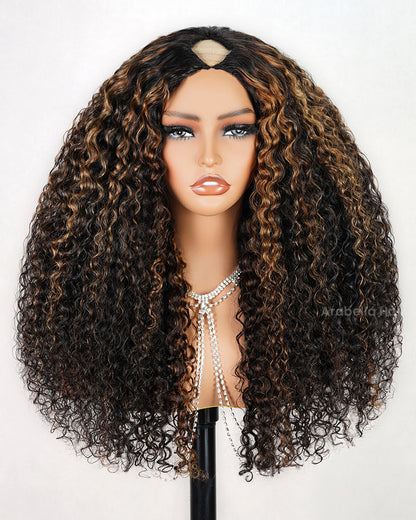 Highlight Colored Deep Curly Upgraded V Part Cap No Glue Needed Human Hair Wigs