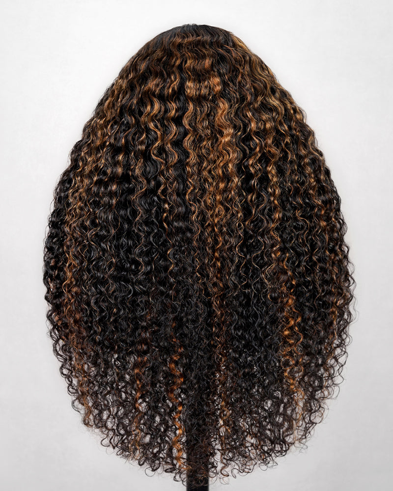 Highlight Colored Deep Curly Upgraded V Part Cap No Glue Needed Human Hair Wigs