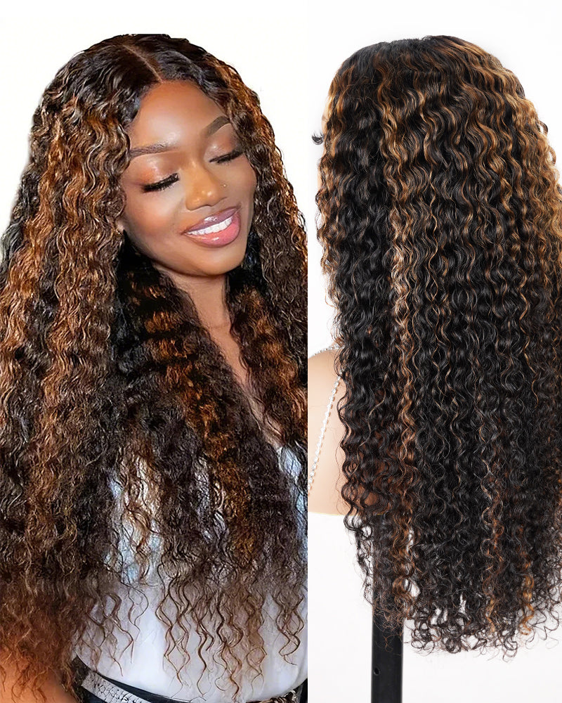 Highlight Colored Deep Curly Upgraded V Part Cap No Glue Needed Human Hair Wigs