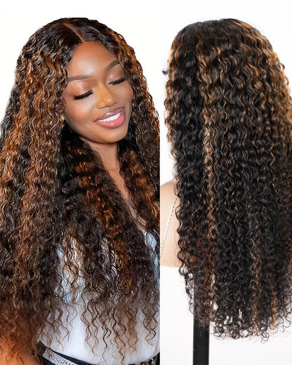 Highlight Colored Deep Curly Upgraded V Part Cap No Glue Needed Human Hair Wigs