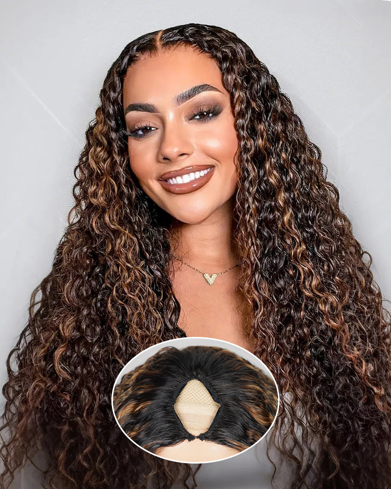 Highlight Colored Deep Curly Upgraded V Part Cap No Glue Needed Human Hair Wigs