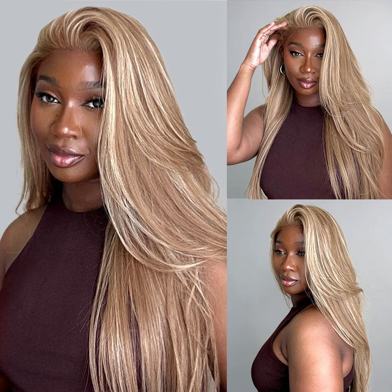 13x4 Lace Front Mixed Brown &amp; Blonde Color Straight Human Hair Wig