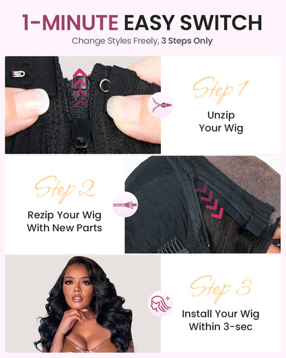 ZIP &amp; Mix-All Wigs | Body Wave Natural Black Glueless 6x5 Pre-Cut Lace Wig With Optional Replaceable Tops