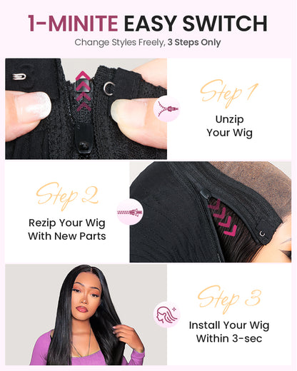 ZIP &amp; Mix-All Wigs | Arabella Straight Natural Black Glueless 6x5 Pre-Cut Lace Wig With Optional Replaceable Tops