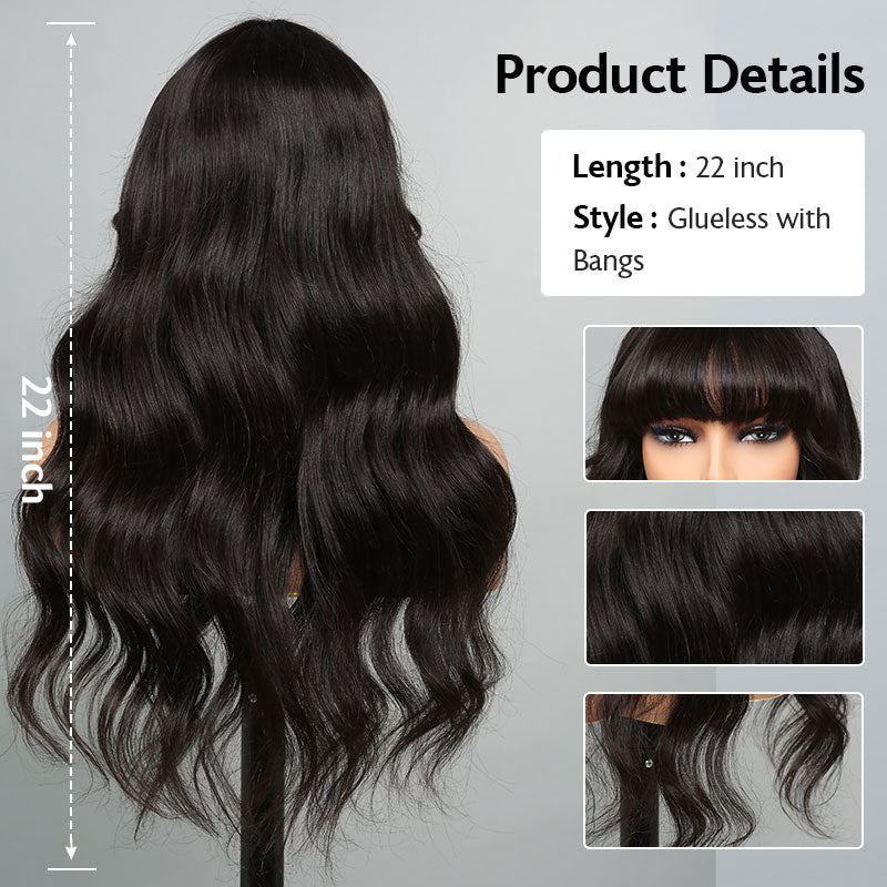Long Body Wave With Bangs Glueless Wig Non-Lace Machine Made Natural Black Protective Style Human Hair Wigs