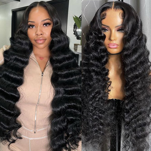Pre-Cut 13x4 Glueless Lace Front Loose Wave Wear&amp;Go Upgrade HD Lace Natural Black Human Hair Wig Beginner-Friendly