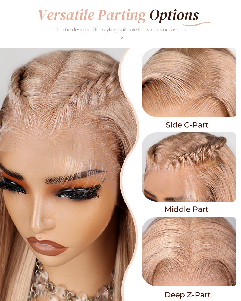 Ash Honey Blonde Color Blowout Wavy 13x4/6x5 Pre-Cut Lace Glueless Human Hair Wig with C-Part Design