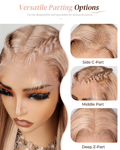Ash Honey Blonde Color Blowout Wavy 13x4/6x5 Pre-Cut Lace Glueless Human Hair Wig with C-Part Design