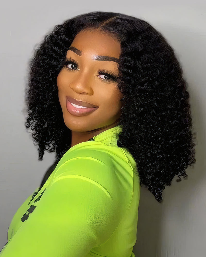 【Bogo Sale】Deep Curly Natural Black Bob Wig Pre-Cut 6x5/6x6 Lace Human Hair Wig