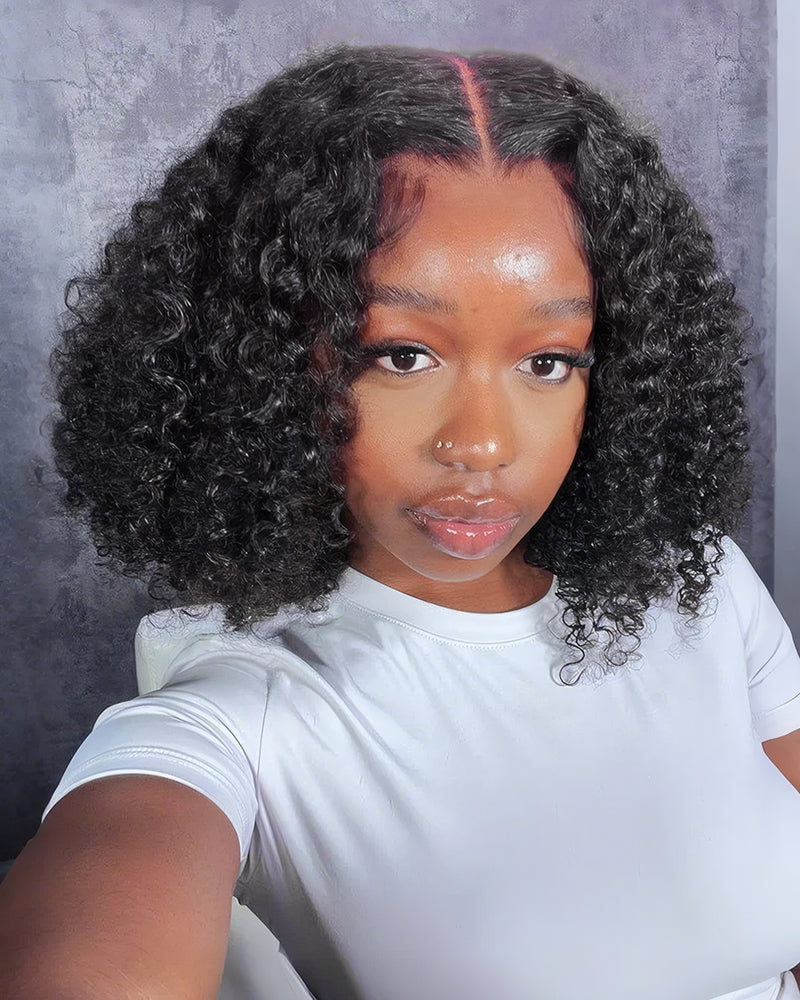 【Bogo Sale】Deep Curly Natural Black Bob Wig Pre-Cut 6x5/6x6 Lace Human Hair Wig