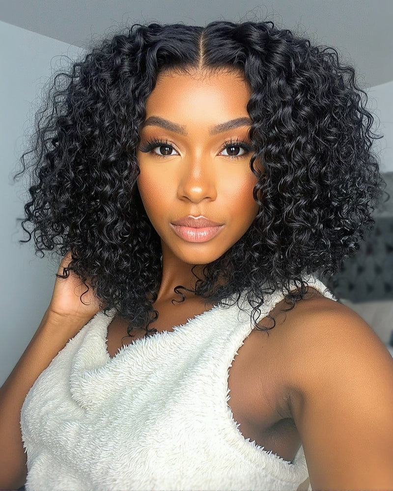 【Bogo Sale】Deep Curly Natural Black Bob Wig Pre-Cut 6x5/6x6 Lace Human Hair Wig